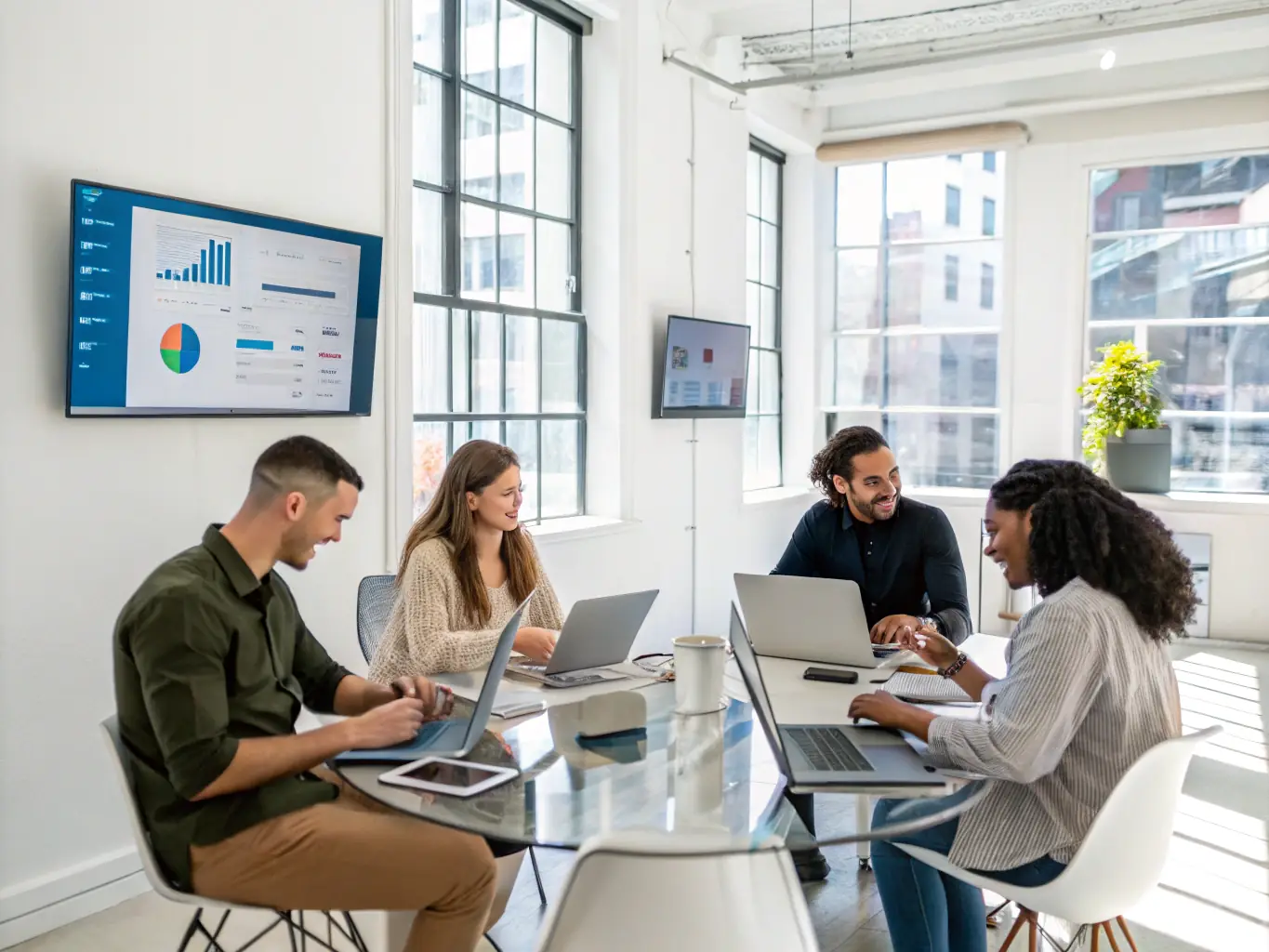 A diverse group of Mulah employees collaborating in a modern, open-plan office, smiling and engaged in a brainstorming session, reflecting the company's collaborative and innovative culture.