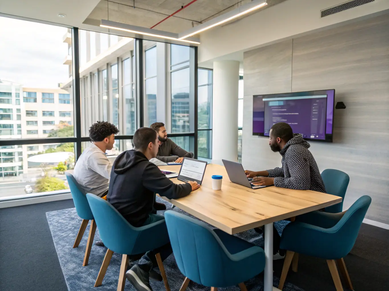 A team of Mulah developers working on cutting-edge technology in a brightly lit office, showcasing the company's commitment to innovation and technological advancement.