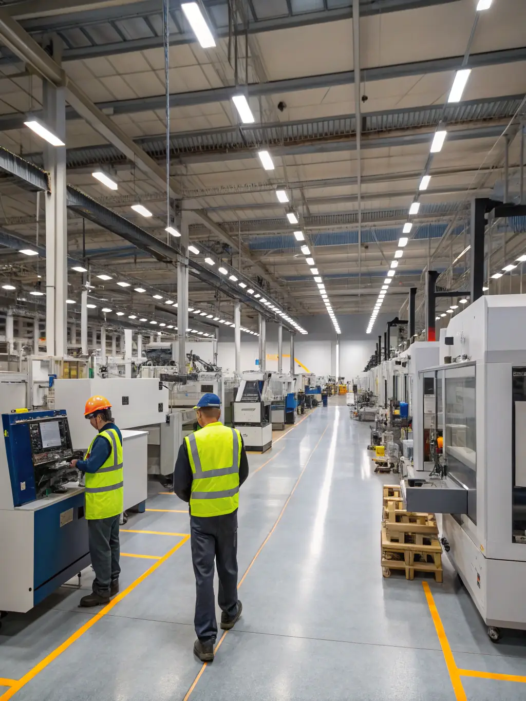 An image showing a business expanding operations, with new equipment being installed and employees working efficiently.