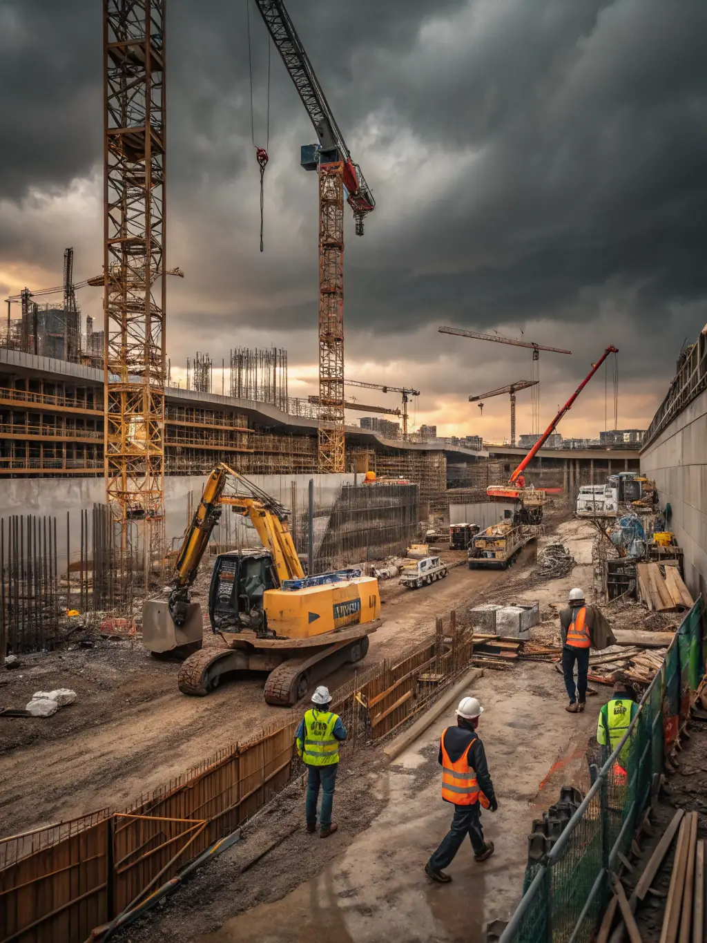 A vibrant image depicting a bustling construction site with modern machinery and workers collaborating, symbolizing the construction industry benefiting from efficient financing solutions.