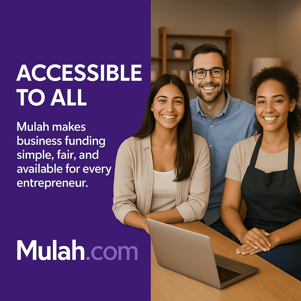Smiling small business owner in a wheelchair wearing an apron, sitting confidently in a bakery beside bold text that reads “Accessible to All,” promoting Mulah.com’s inclusive funding for all entrepreneurs.