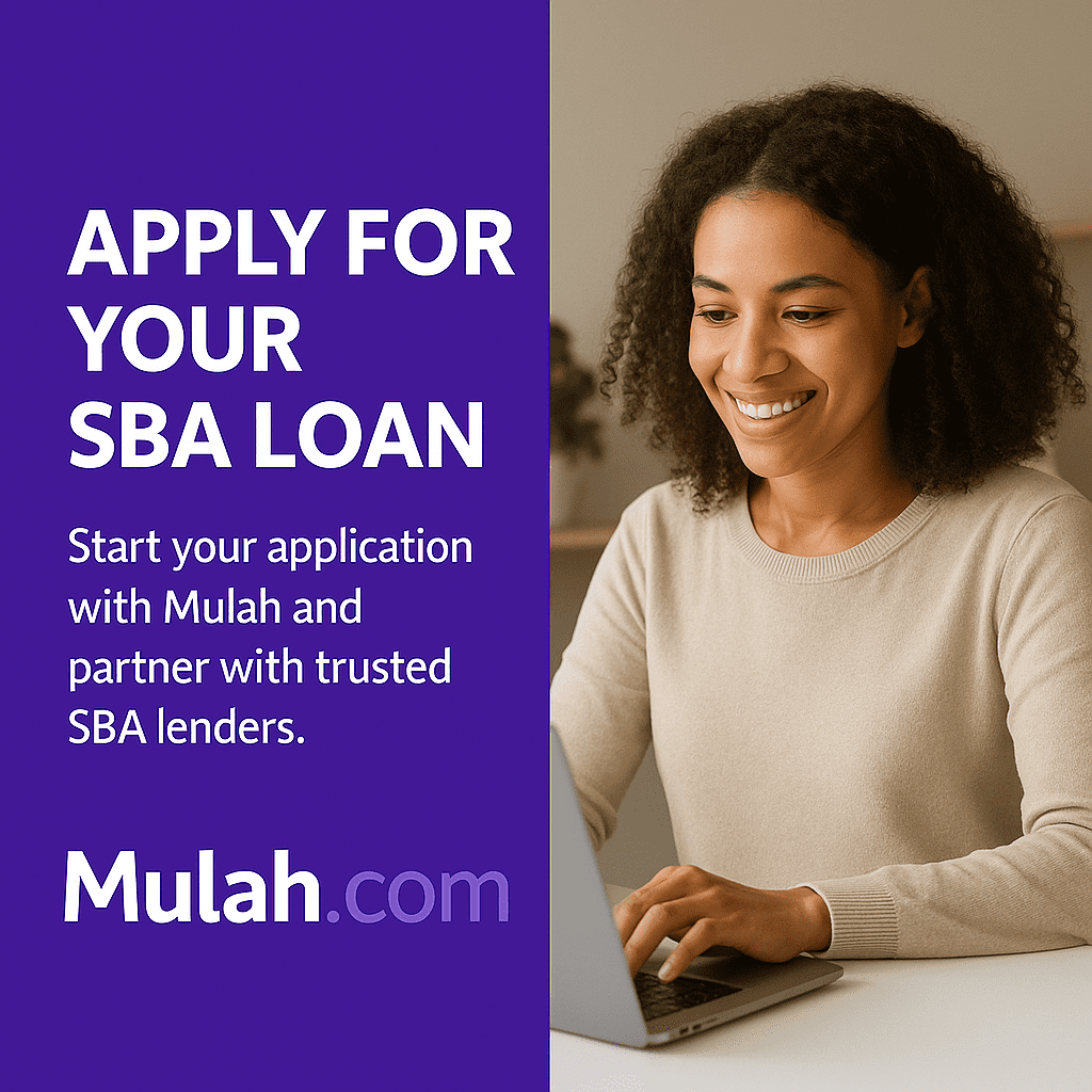 Smiling woman using a laptop at her desk beside bold text reading “Apply for Your SBA Loan,” promoting Mulah.com’s simple and trusted SBA loan application process.
