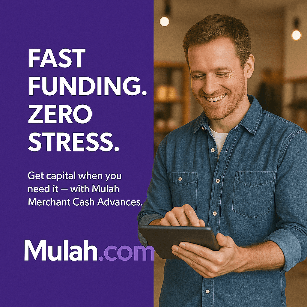 Smiling small business owner using a tablet in his shop beside bold text that reads “Fast Funding. Zero Stress.” promoting Mulah.com Merchant Cash Advance.