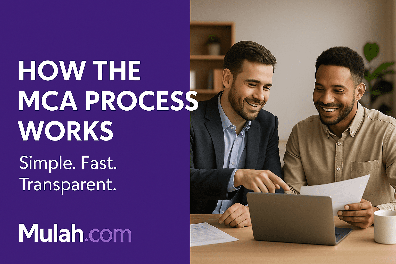 Mulah advisor and business owner smiling while reviewing funding documents on a laptop, with text reading “How the MCA Process Works. Simple. Fast. Transparent.” on a purple background.