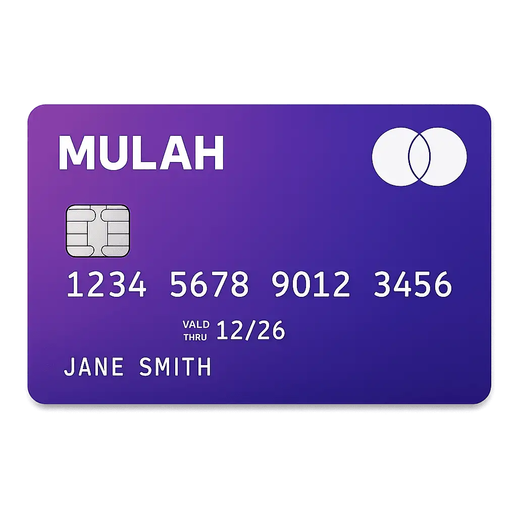 Purple Mulah business credit card featuring white embossed numbers, a chip, and the Mulah logo, displayed on a transparent background.