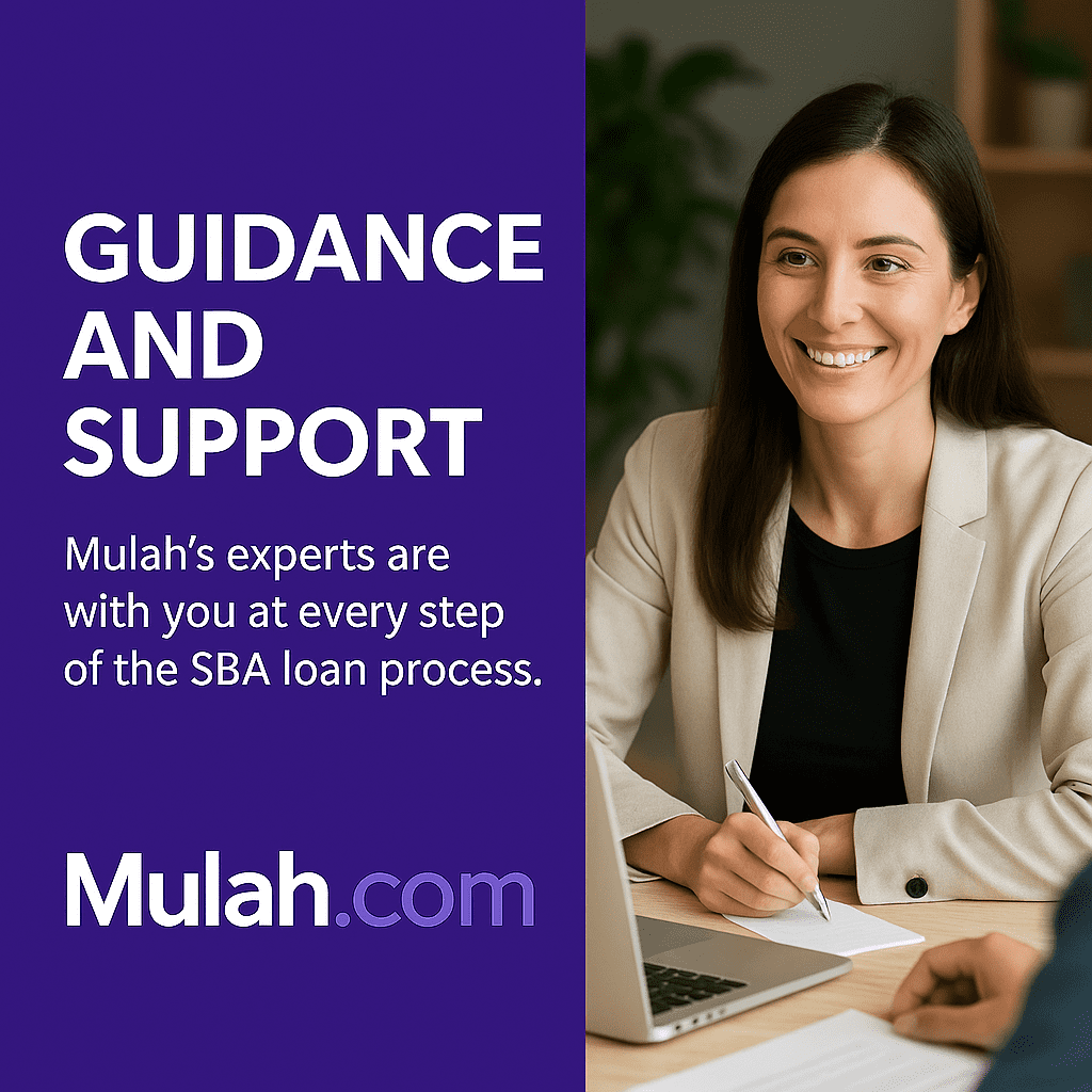 Friendly financial advisor sitting with a small business owner reviewing documents beside text reading “Guidance & Support,” promoting Mulah.com’s personalized SBA loan assistance.