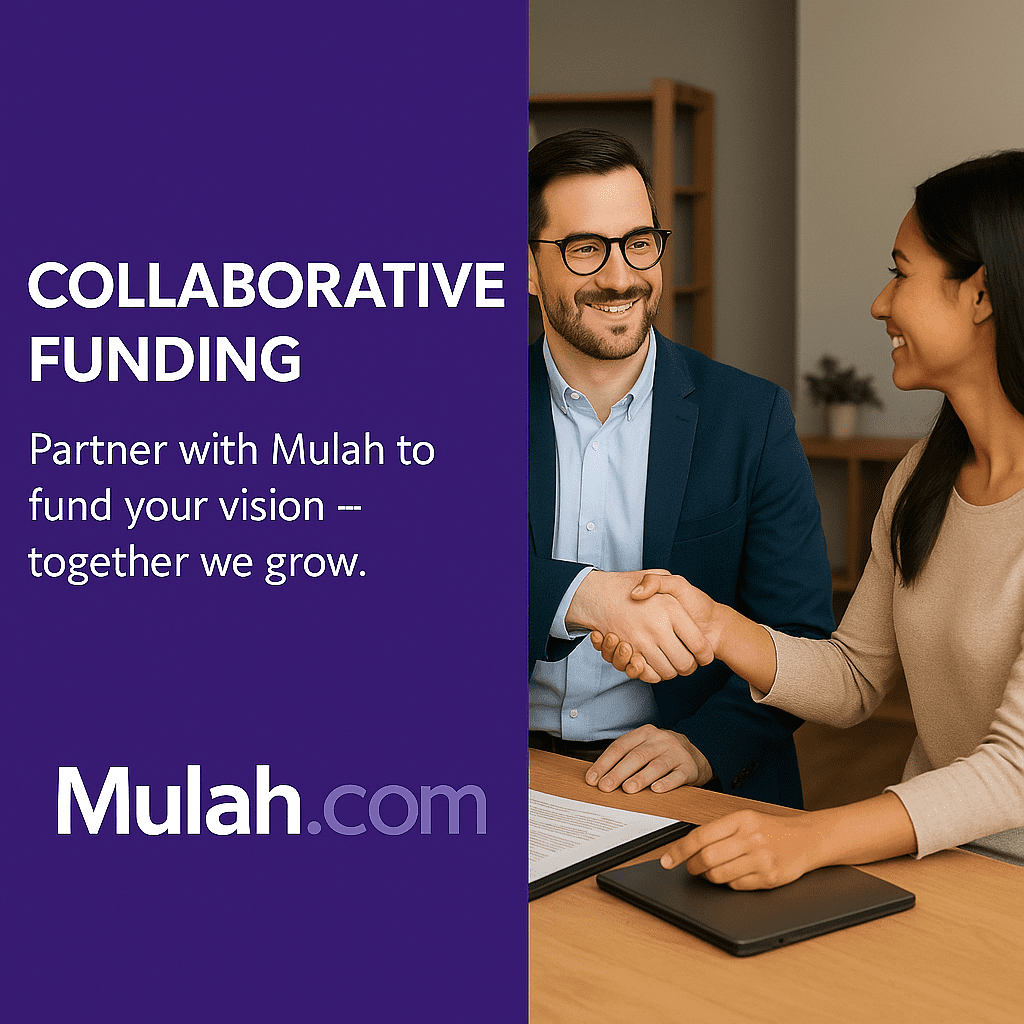 Two business professionals shaking hands in a modern office beside text reading “Collaborative Funding,” promoting Mulah.com’s partnership-focused business funding solutions.