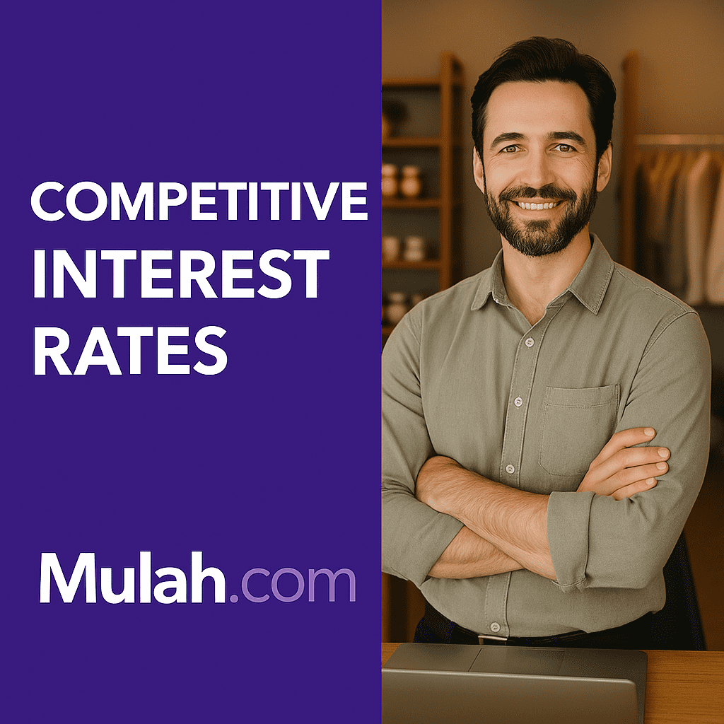 Smiling business owner standing confidently with arms crossed in a retail store beside text reading “Competitive Interest Rates,” promoting Mulah.com’s low-rate SBA loan options.