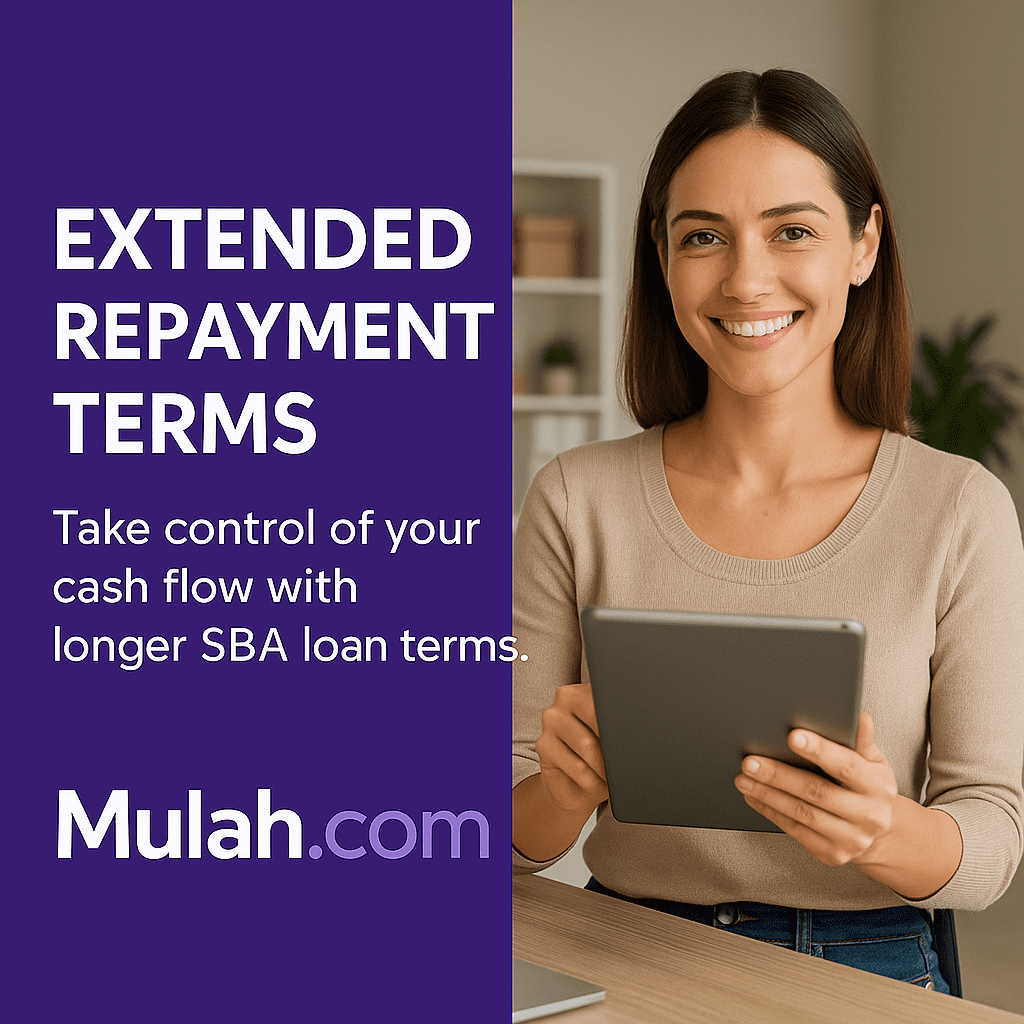 Smiling woman sitting at a desk using a tablet beside text reading “Extended Repayment Terms,” promoting Mulah.com’s longer SBA loan repayment options.