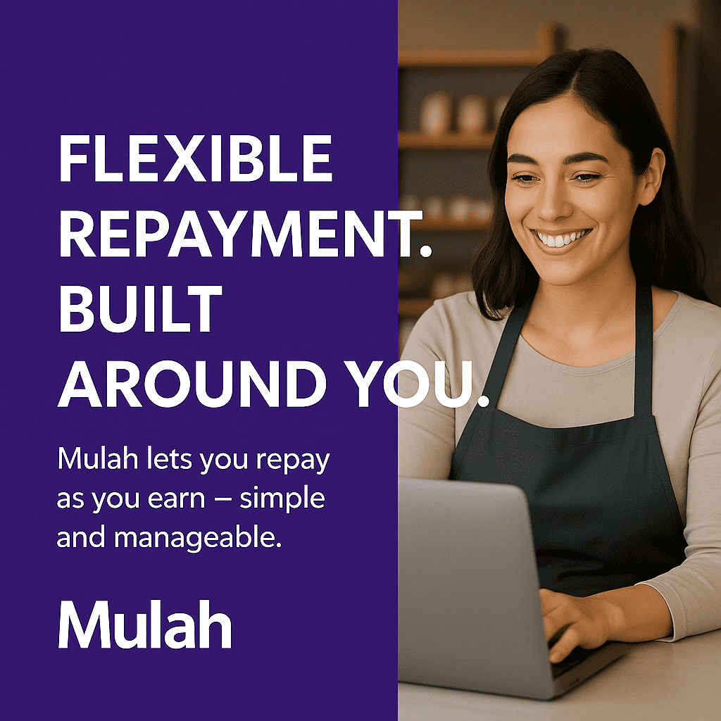 Smiling small business owner in an apron working on a laptop beside text reading “Flexible Repayment. Built Around You.” promoting Mulah.com’s flexible funding and repayment options.