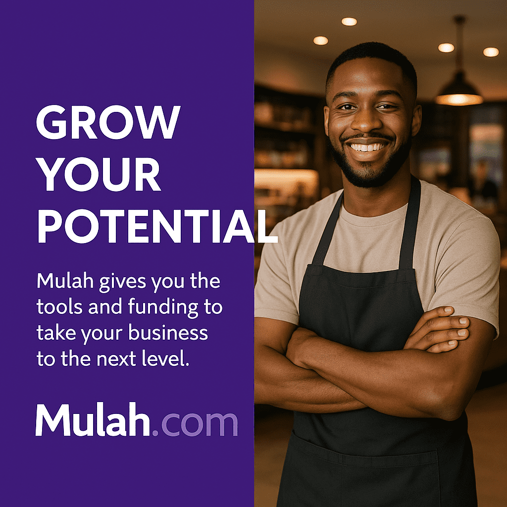 Confident Black male business owner standing with arms crossed and smiling in his shop beside text reading “Grow Your Potential,” promoting Mulah.com’s business funding solutions.