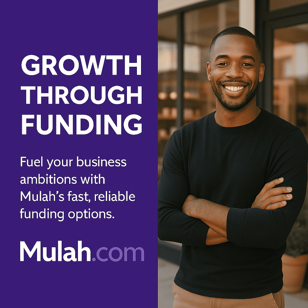 Smiling Black male business owner standing confidently in front of his store beside text reading “Growth Through Funding,” promoting Mulah.com’s fast and reliable business funding options.