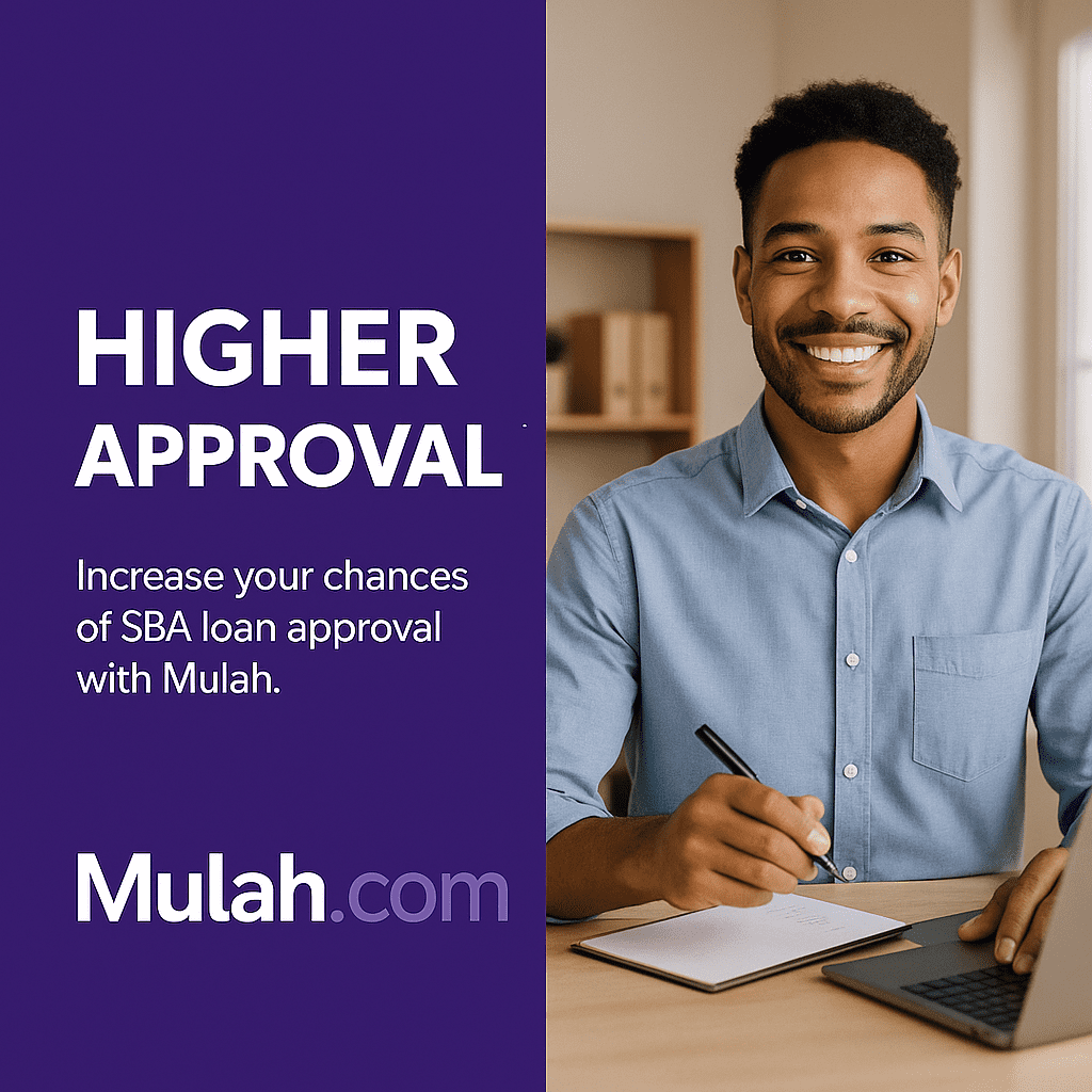 Smiling Black male business professional working at a desk with a laptop beside text reading “Higher Approvals,” promoting Mulah.com’s SBA loans with improved approval chances.