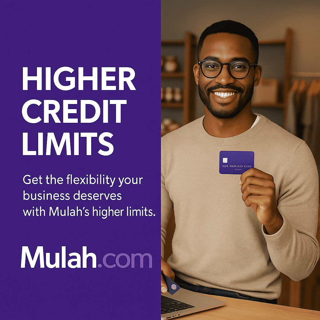 Smiling Black male business professional holding a purple credit card in a modern retail workspace beside text reading “Higher Credit Limits,” promoting Mulah.com’s flexible business credit options.