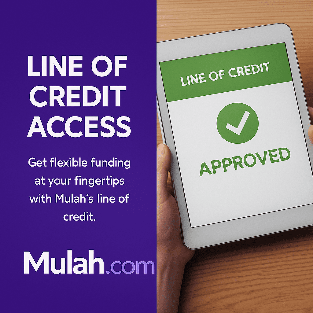 Close-up of a person holding a tablet displaying a green “Line of Credit Approved” screen beside text reading “Line of Credit Access,” promoting Mulah.com’s flexible business credit solutions.