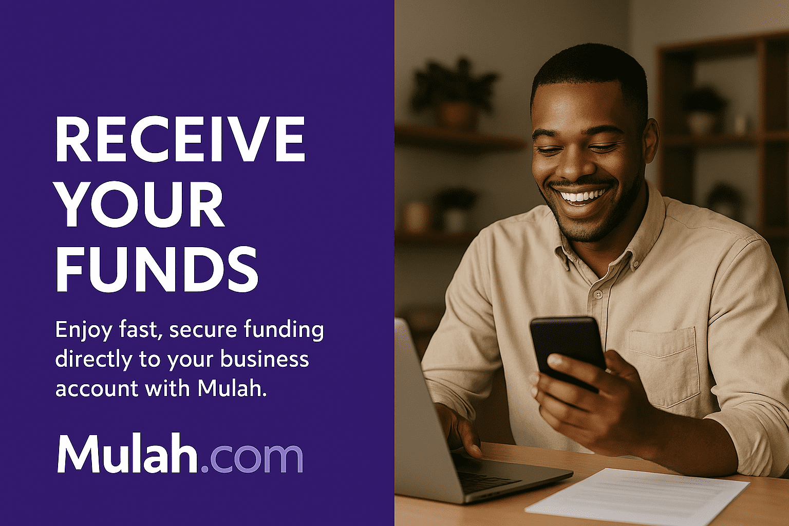 Smiling business owner looking at their phone displaying a “Funds Deposited” notification beside text reading “Receive Your Funds,” promoting Mulah.com’s fast and secure business funding.