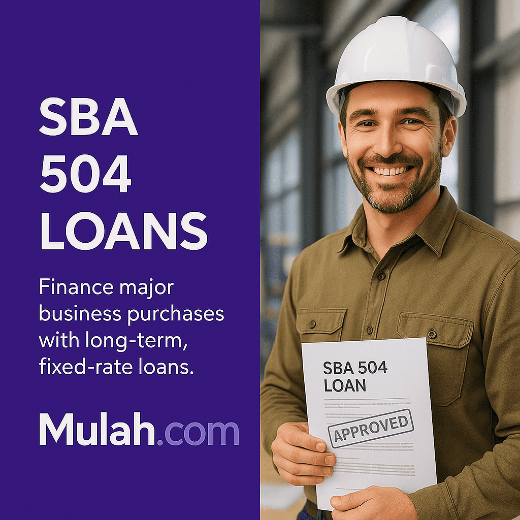 Confident small business owner reviewing documents labeled “SBA 504 Loan Approved” beside text reading “SBA 504 Loans,” promoting Mulah.com’s financing for real estate and equipment purchases.