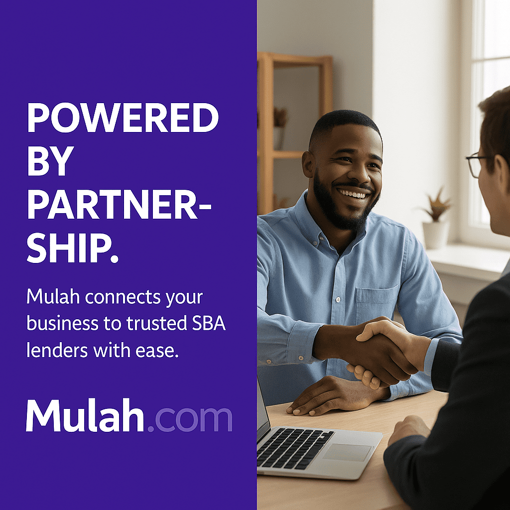 African American business owner smiling and shaking hands with a financial advisor in an office, beside text reading “Powered by Partnership,” promoting Mulah.com’s SBA loan programs.