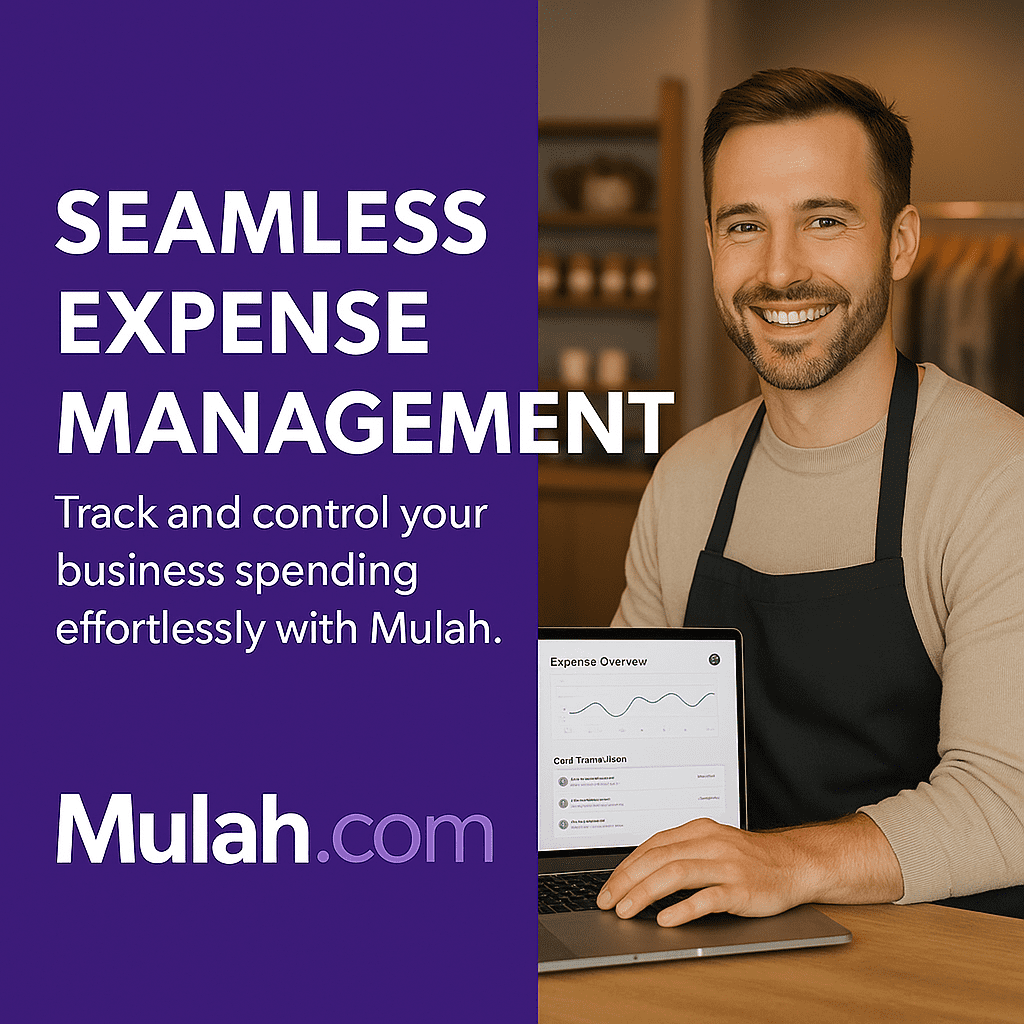 Smiling business owner using a laptop displaying an expense dashboard beside text reading “Seamless Expense Management,” promoting Mulah.com’s business credit card for effortless financial tracking.