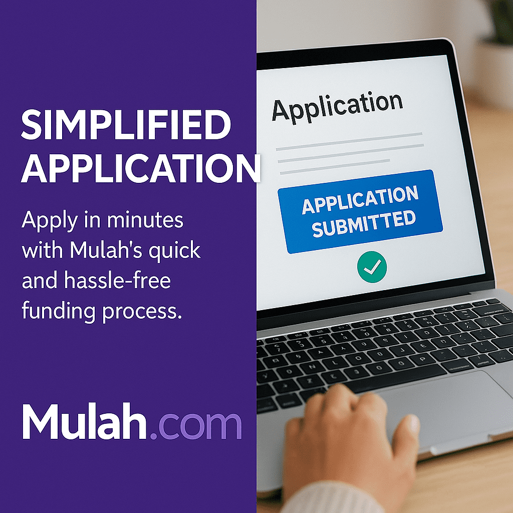 Laptop displaying an online loan application form with a progress bar beside text reading “Simplified Application,” promoting Mulah.com’s fast and easy funding process.