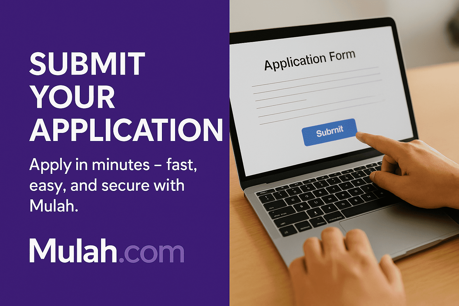 Close-up of a laptop screen showing a user clicking a “Submit” button beside text reading “Submit Your Application,” promoting Mulah.com’s fast and secure loan application process.