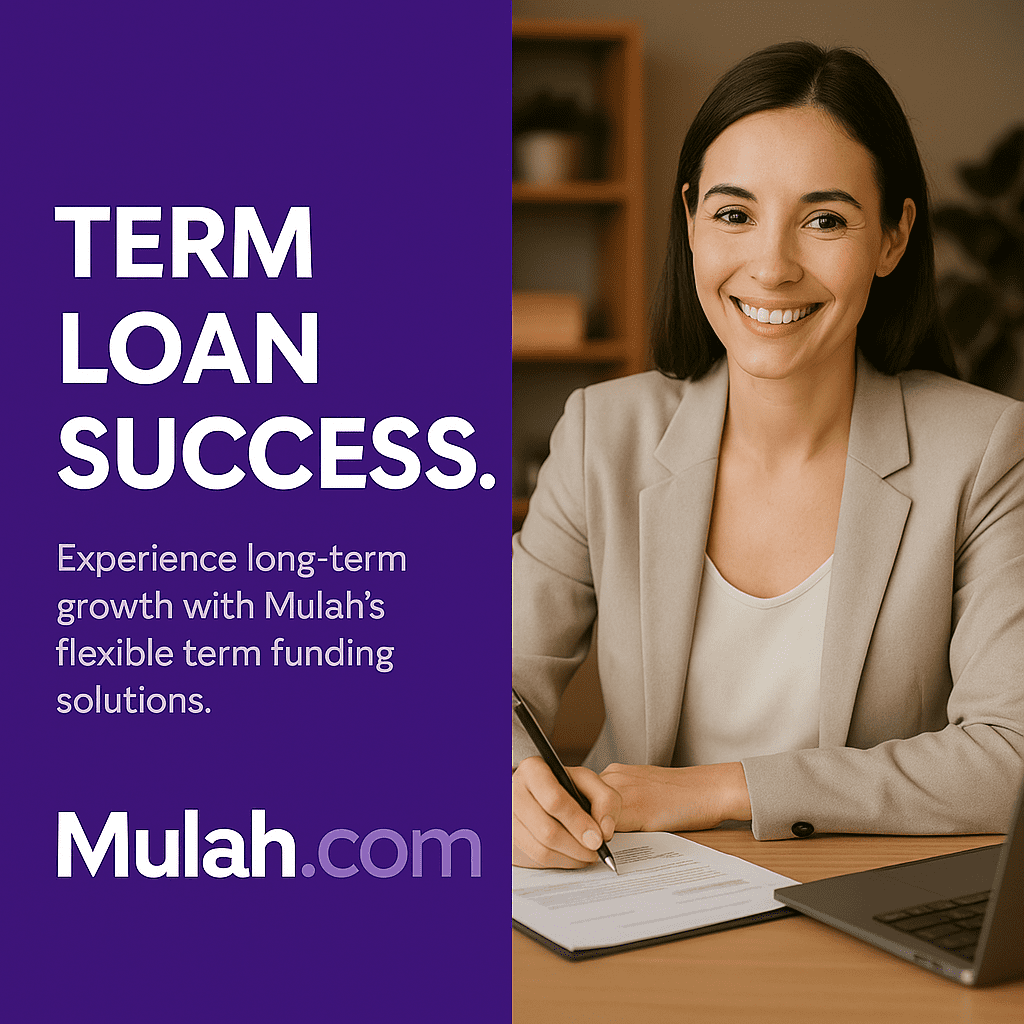 Smiling businesswoman signing loan documents at her desk beside text reading “Term Loan Success,” promoting Mulah.com’s flexible term funding solutions for business growth.
