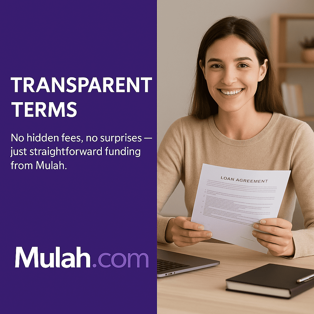 Smiling business professional reviewing loan documents at a desk beside text reading “Transparent Terms,” promoting Mulah.com’s honest and straightforward funding options.