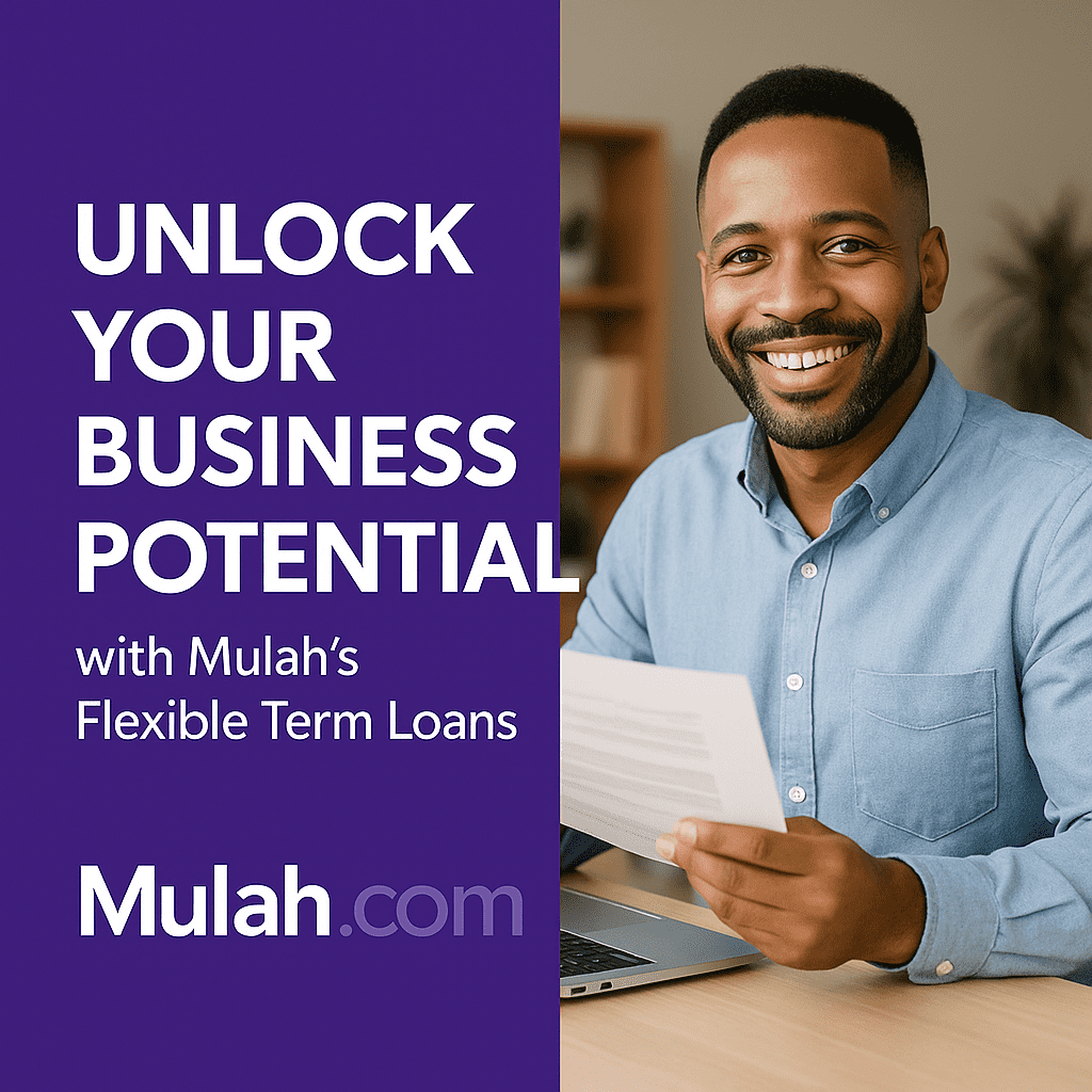Smiling Black male business professional sitting at a desk holding documents beside text reading “Unlock Your Business Potential with Mulah’s Flexible Term Loans,” promoting Mulah.com’s business funding solutions.