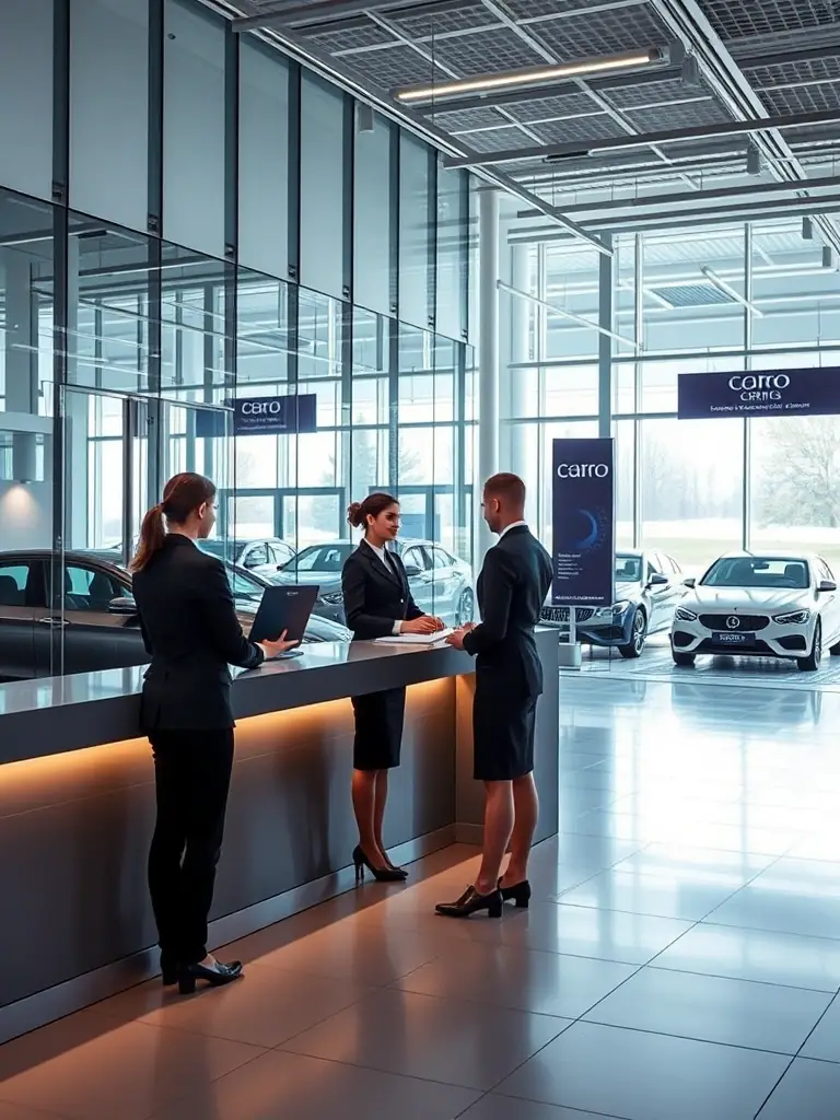 A modern car rental office with employees efficiently serving customers, highlighting operational efficiency and customer service.