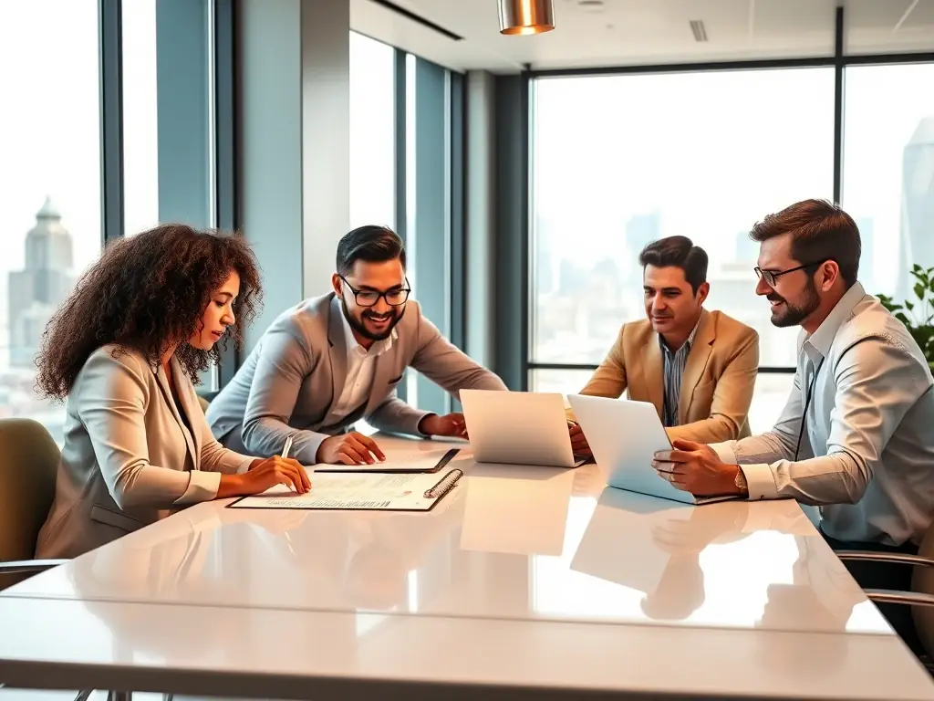 A diverse group of financial advisors collaborating on a customized funding plan in a bright, modern office, emphasizing OnDeckClone's personalized service.