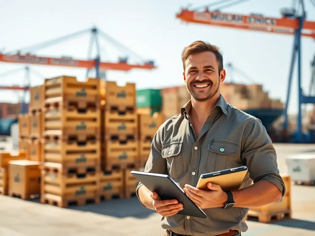 A successful importer standing confidently in front of a shipment of goods, symbolizing business growth and achievement, with the Mulah logo subtly incorporated.