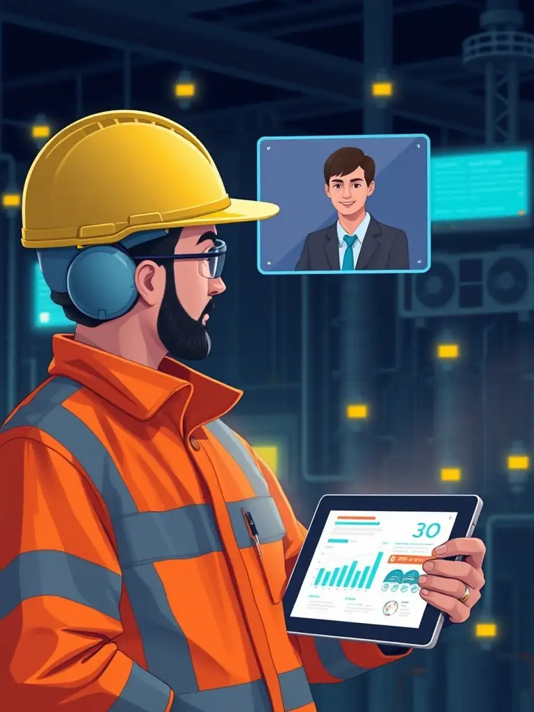 A chemical plant manager reviewing production reports on a tablet, with a financial advisor providing insights via video call.