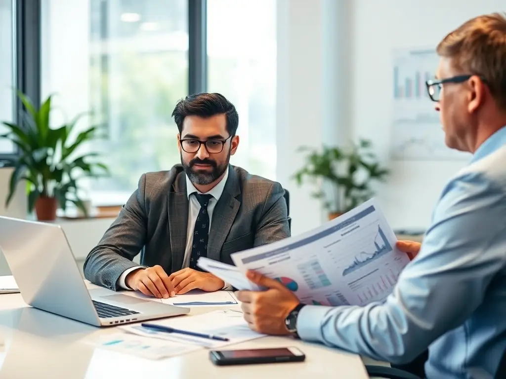 A dry cleaning business owner reviewing financial reports with a Mulah representative, emphasizing the personalized support and financial planning assistance provided by Mulah.