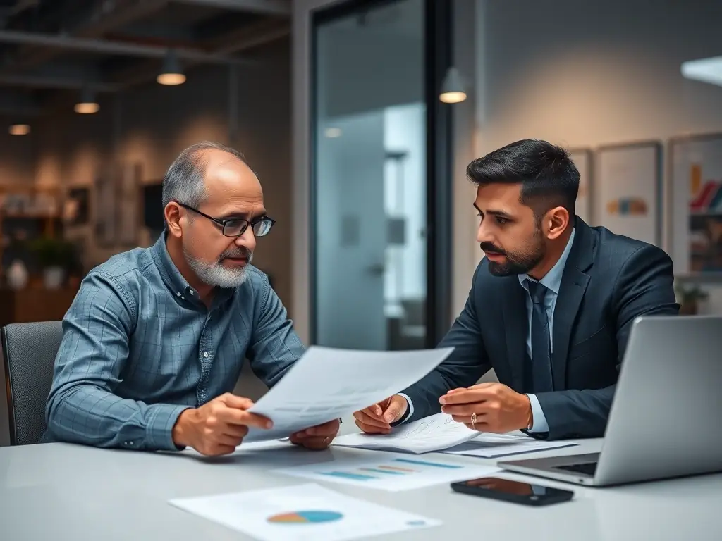 A professional automotive shop owner reviewing financial documents with a Mulah representative, showcasing trust and collaboration.