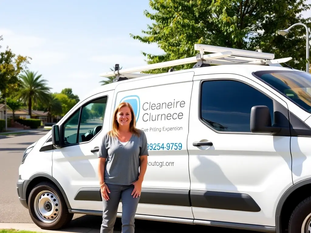 A cleaning business owner proudly standing in front of their company van, showcasing Mulah's support for business expansion and growth.