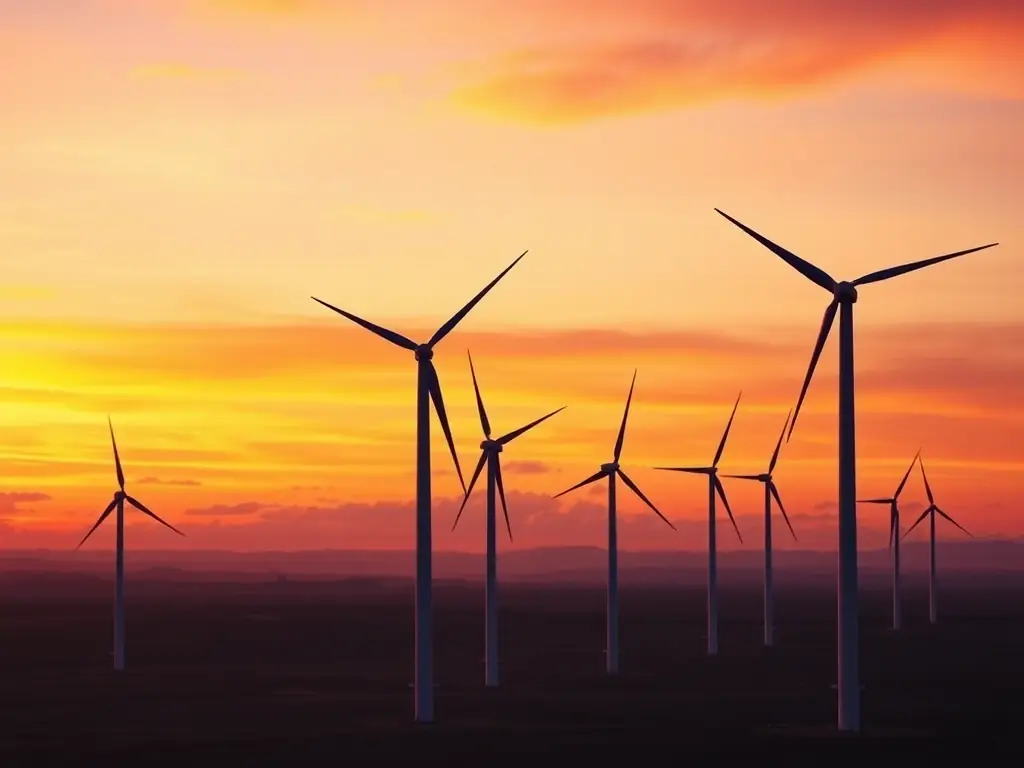 A wind turbine farm at sunset, illustrating renewable energy and the impact of environmental projects, showcasing the benefits of Mulah's funding.