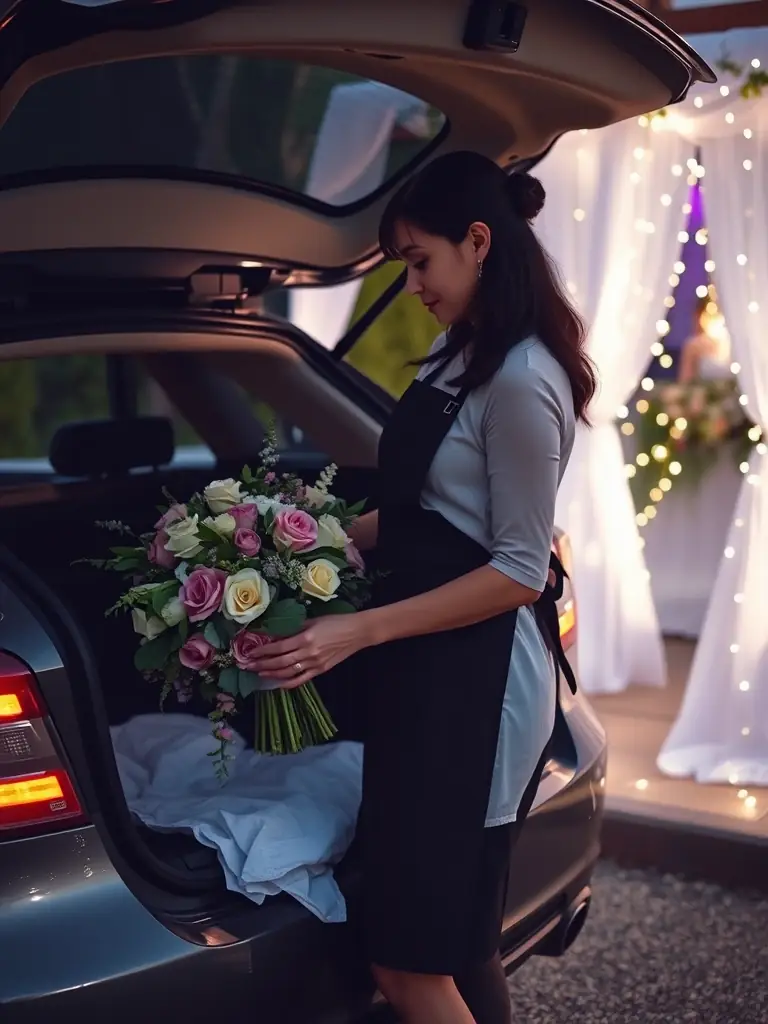 A florist delivering a beautifully arranged floral centerpiece to a wedding venue, highlighting the importance of reliable transportation and logistics in the floral industry.
