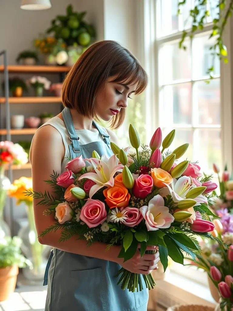A vibrant photo of a florist arranging a large, diverse bouquet in a brightly lit shop, showcasing the beauty and potential of a well-funded floral business.