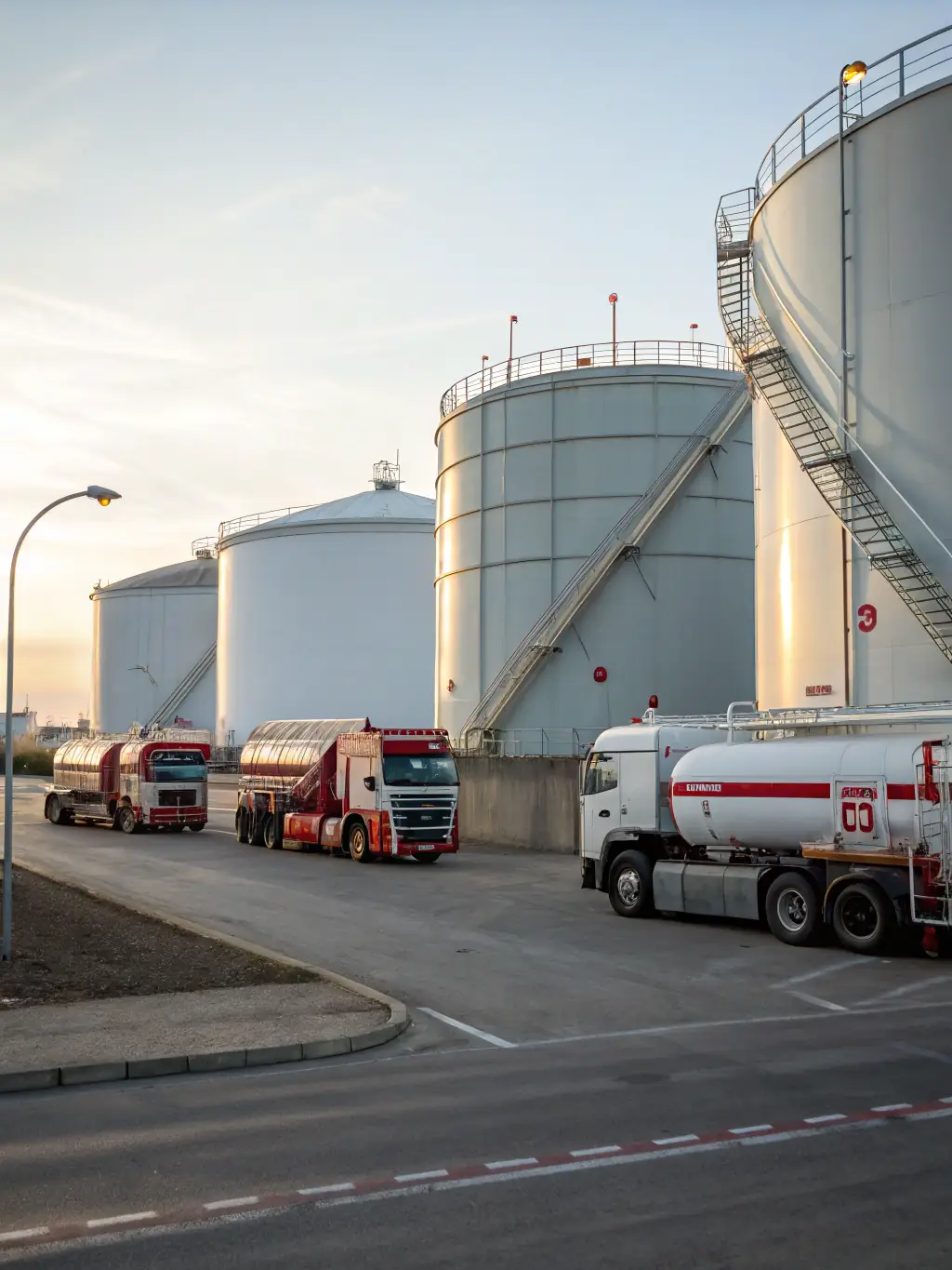 A modern fuel storage facility with multiple fuel trucks lined up, ready for dispatch, symbolizing scalability and readiness.