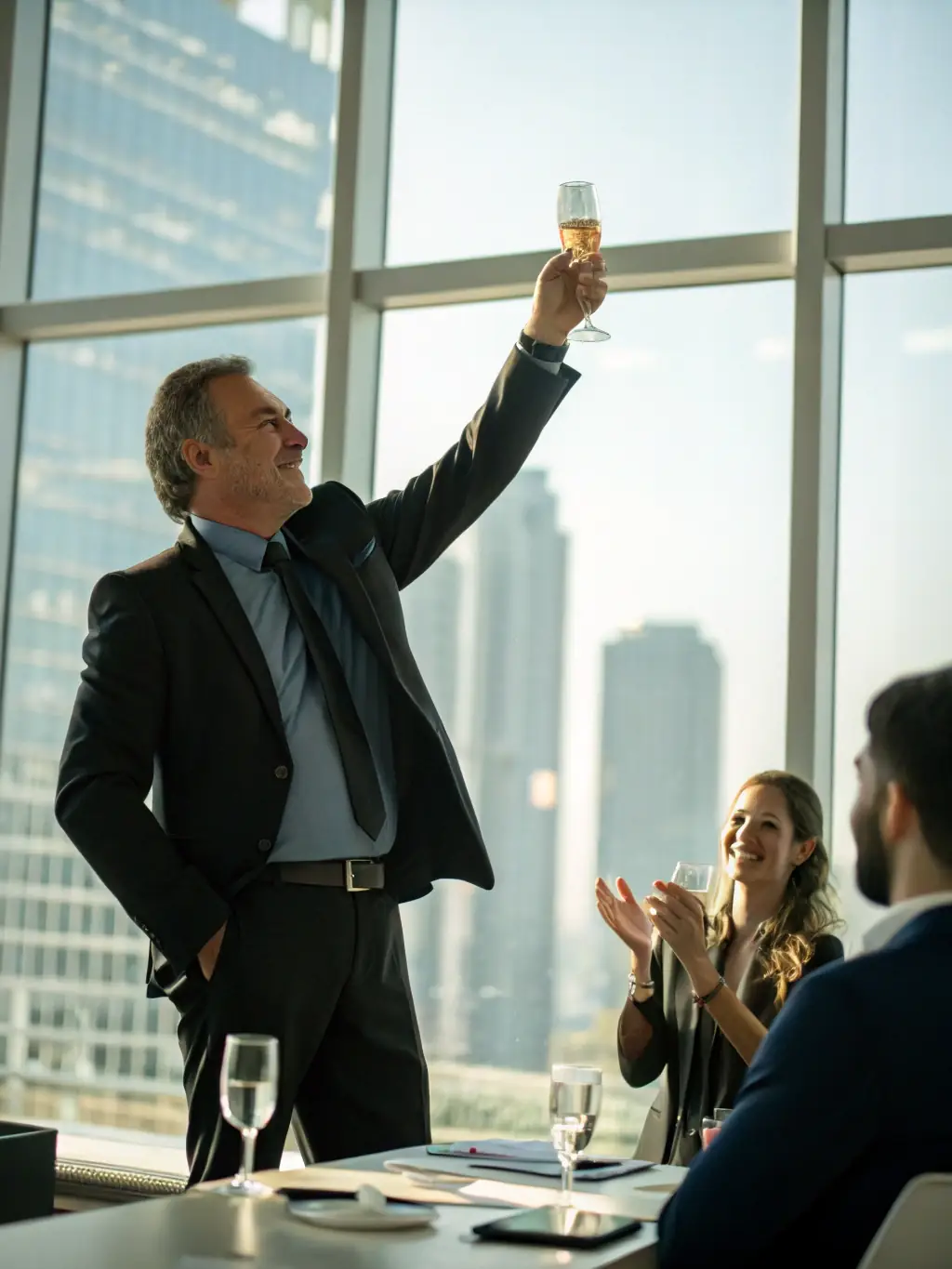 A digital dashboard displaying rapid funding approval and transfer, with a satisfied chemical company owner celebrating.