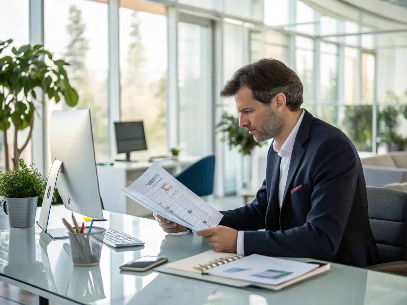 A professional photograph of a casino manager reviewing financial reports, emphasizing the importance of strategic financial planning and investment.