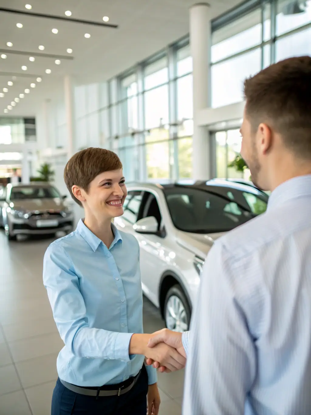 A professional photograph of an auto dealer smiling and shaking hands with a Mulah representative in a modern dealership setting, symbolizing trust and partnership.