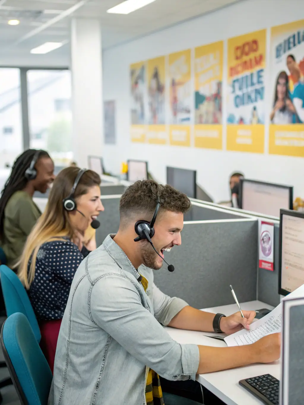 A professional call center environment with agents actively working, showcasing a busy and productive atmosphere, emphasizing the need for efficient funding solutions.
