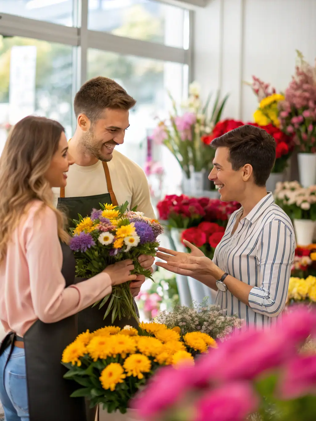 A florist smiling and interacting with a customer in a flower shop, emphasizing the importance of customer service and building relationships.