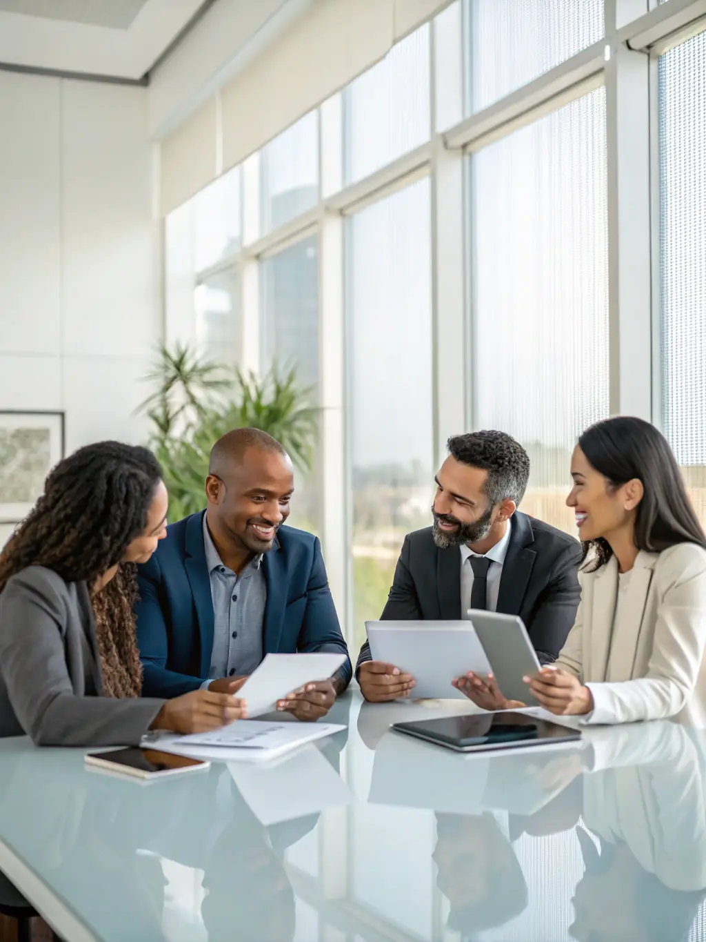 A diverse group of electronics engineers and business professionals collaborating around a table, reviewing financial documents and discussing growth strategies.