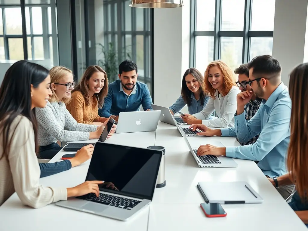 A diverse team of call center professionals collaborating in a modern office setting, emphasizing the collaborative and supportive approach Mulah.com takes in helping call centers succeed.