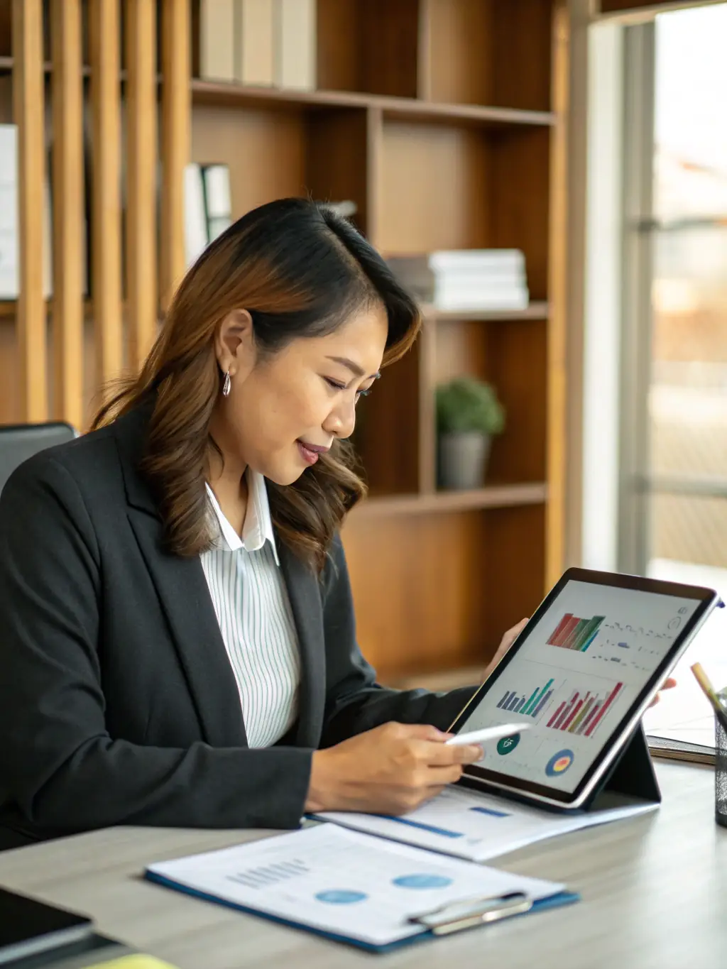 An image of a Mulah representative reviewing a funding application on a tablet, with charts and data visualizations in the background.