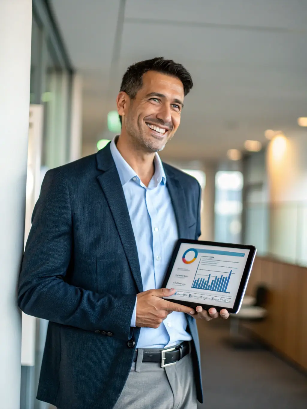 A close-up image of a financial analyst reviewing data on a tablet, with charts showing positive growth trends, representing data-driven decision-making.