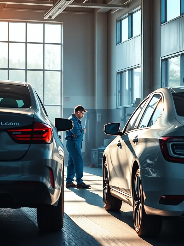 A busy car dealership service center with mechanics working on multiple vehicles, representing line of credit usage for repairs.