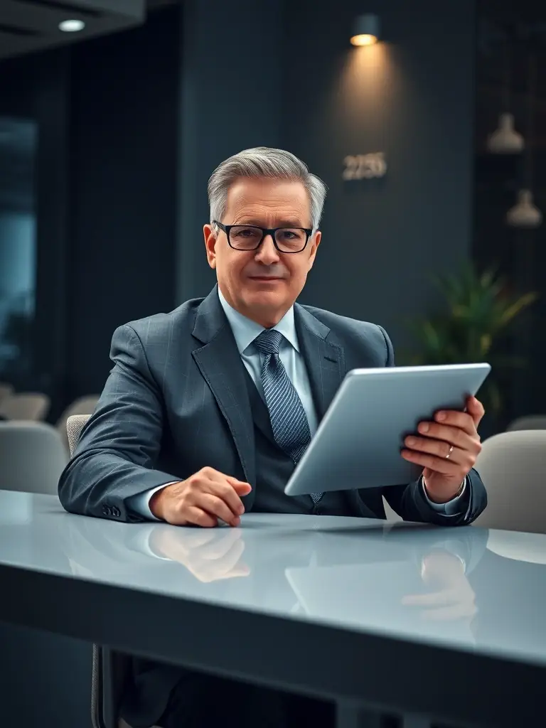 A courier business owner reviewing financial reports with a satisfied expression, highlighting the benefits of financial stability.